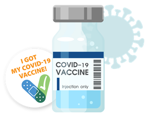 Image of the coronavirus, a vaccine vial, and an "I got my COVID-19 vaccine!" sticker.