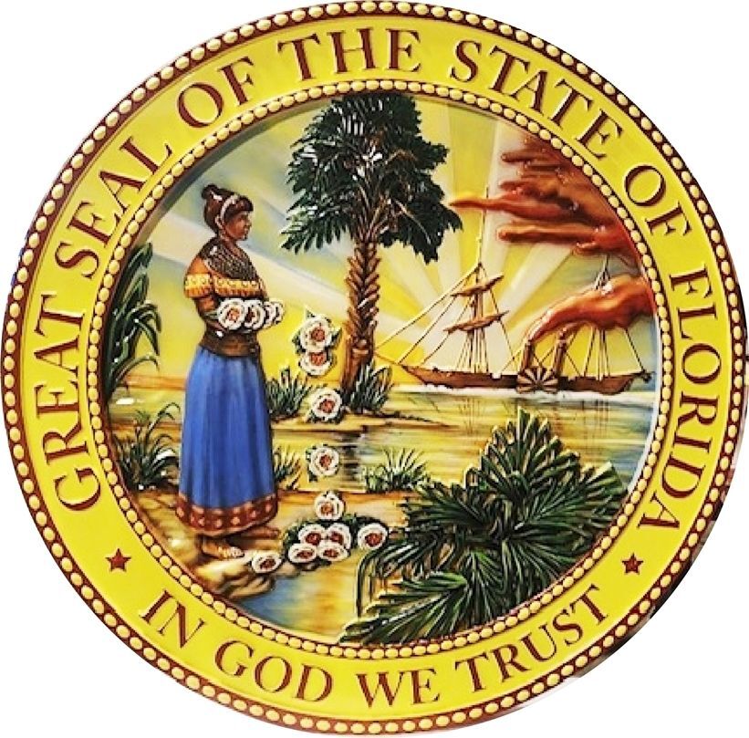 BP-1141A - Carved Plaque of the Seal of the State of Florida, 3-D Bas-relief Artist-Painted Full Colors