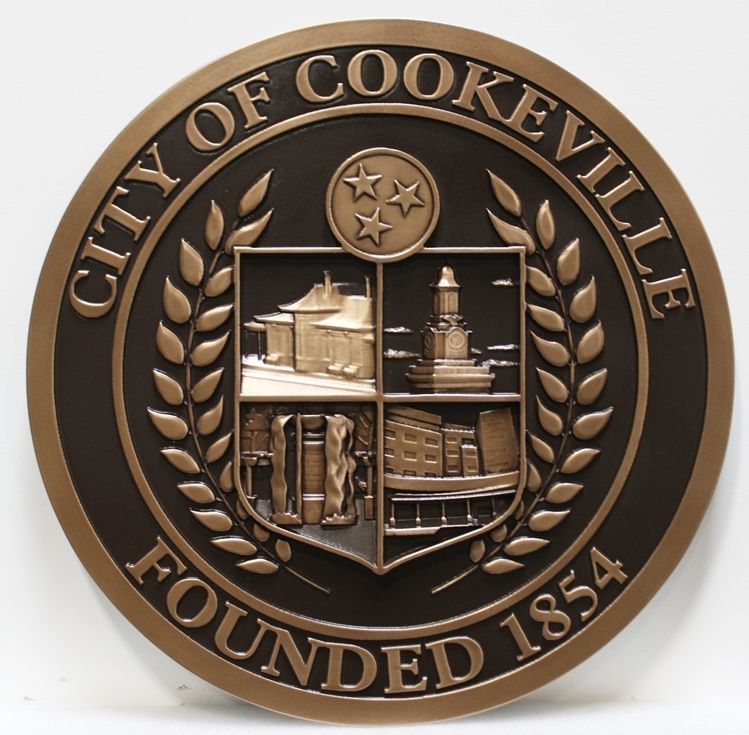DP-1326 - Carved 3-D Bronze-Plated Plaque of the Seal of the City of Cookeville, Tennessee 
