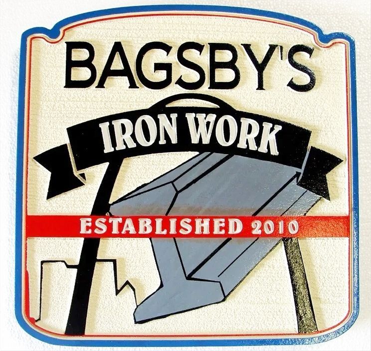  SC38306 - Carved and Sandblasted "Bagsby's Ironworks" Company Sign, with Steel I-Beam as Artwork
