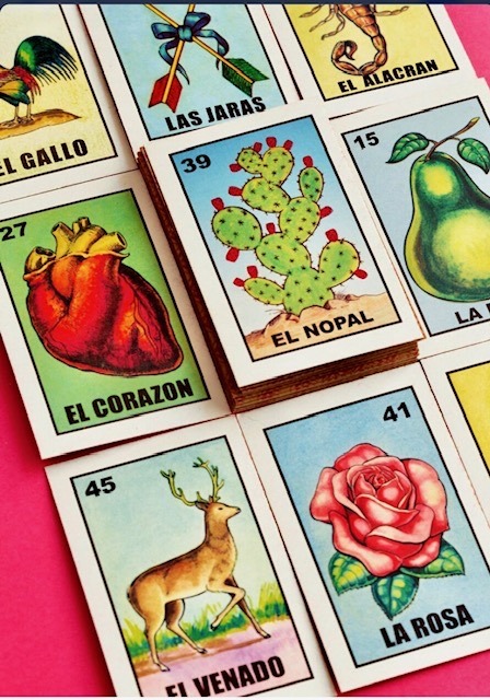 Colourful Mexican Lotería cards featuring traditional illustrated symbols.