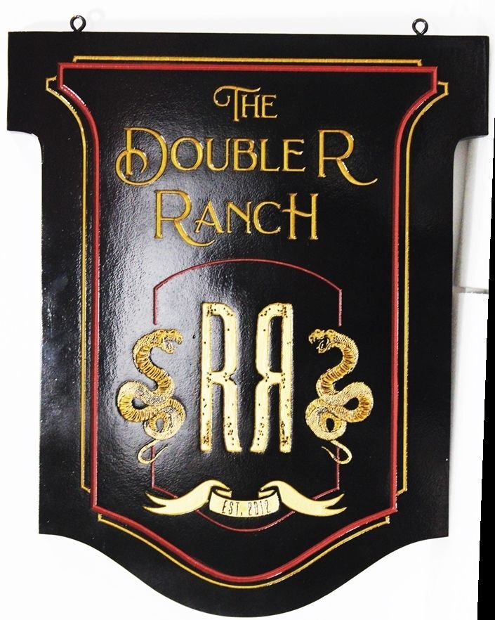 O24013A  - Carved HDU Entrance Sign for the "Double R Ranch",featuring  two Rattlesnakes and its Brand as Artwork 