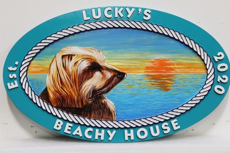 L21059 - Carved  2.5-D Multi-level relief HDU beach House Name Sign "Lucky's Beach House", with Dog's Face and Setting Sun over the Ocean 