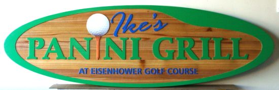E14641 - Carved Cedar Golf Course Grill Sign, with Golf Ball on Tee