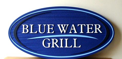 L22248 - Carved and Sandblasted HDU Seafood Restaurant Sign, "Blue Water Grill"
