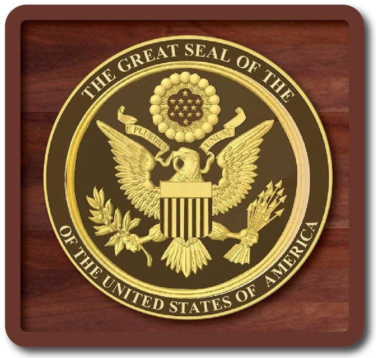 U30051 - Gold and Dark Brown 3D Carved HDU US Great Seal Wall Plaque, mounted on a Mahogany Plaque