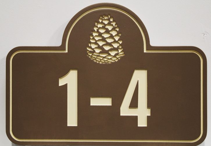 KA20879 - Elegant Carved HDU  Elegant  Apartment Building Sign with Unit Numbers and a Pinecone as Artwork