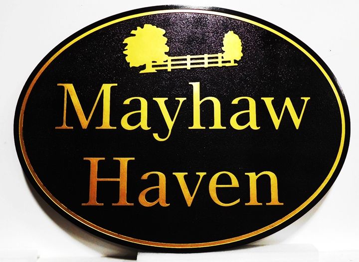 I18305 - Carved HDU   Property Name Sign "Mayhaw Haven", 2.5-D raised Relioef, with Gold-Leaf Gilded Text and Artwork, Trees and a Fence