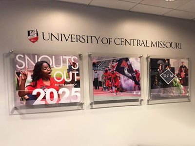 Set of three hanging acrylic wall panels printed for the University of Central Missouri.