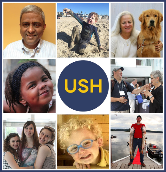 A photo collage of people affected by Usher Syndrome with the USH logo in the middle