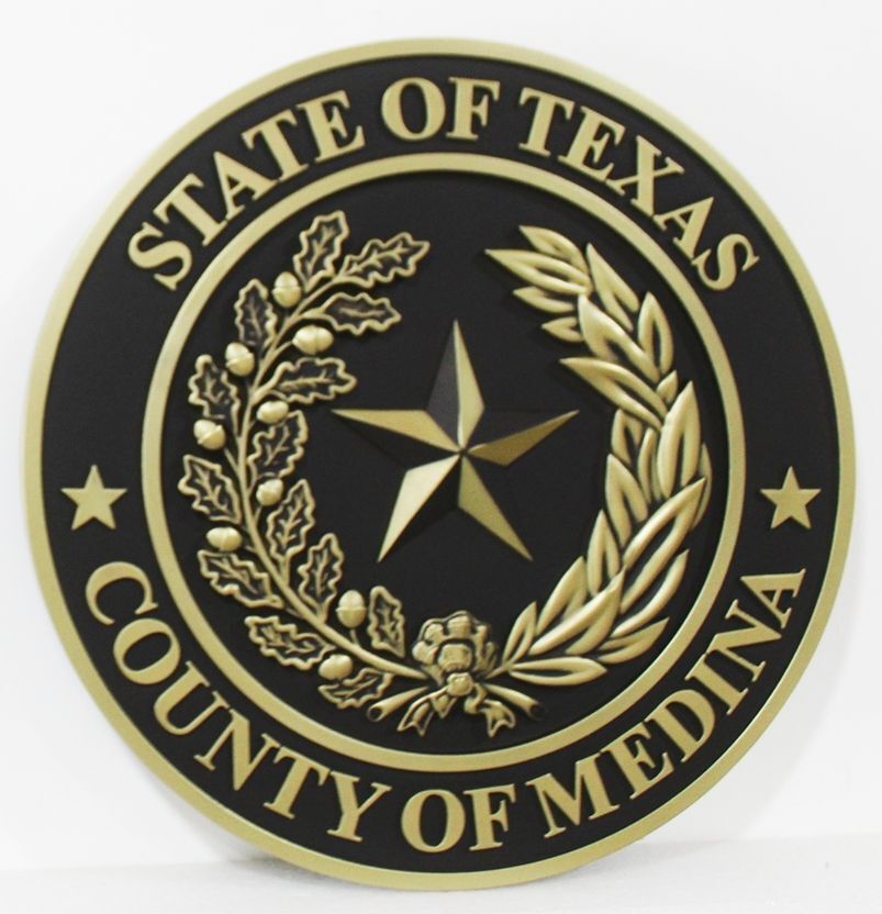  CP1316A - Carved Plaque of the Seal of Medina  County, Texas,  3-D bas-relief,  Bronze Metal Plated
