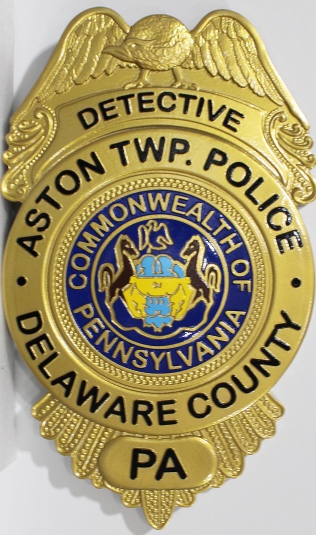 PP-1422 -   Carved 3-D Bas-Relief HDU Plaque of the Badge of a Detective of the Alston Township Police Department of Delaware County, Pennsylvania 