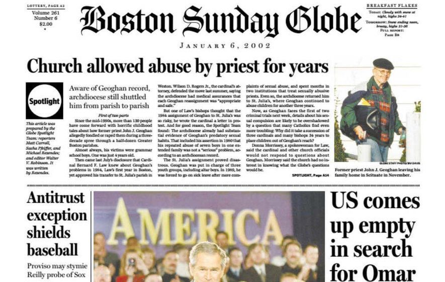 Imagine of the Boston Sunday Globe's newspaper with the world-famous headline "Church allowed abuse by priest for years."