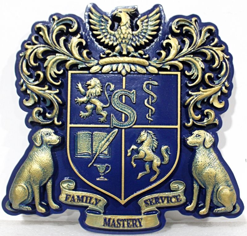 XP-1181 - Carved Wall Plaque of Custom Family Crest-Style Coat of Arms Plaque in Painted HDU