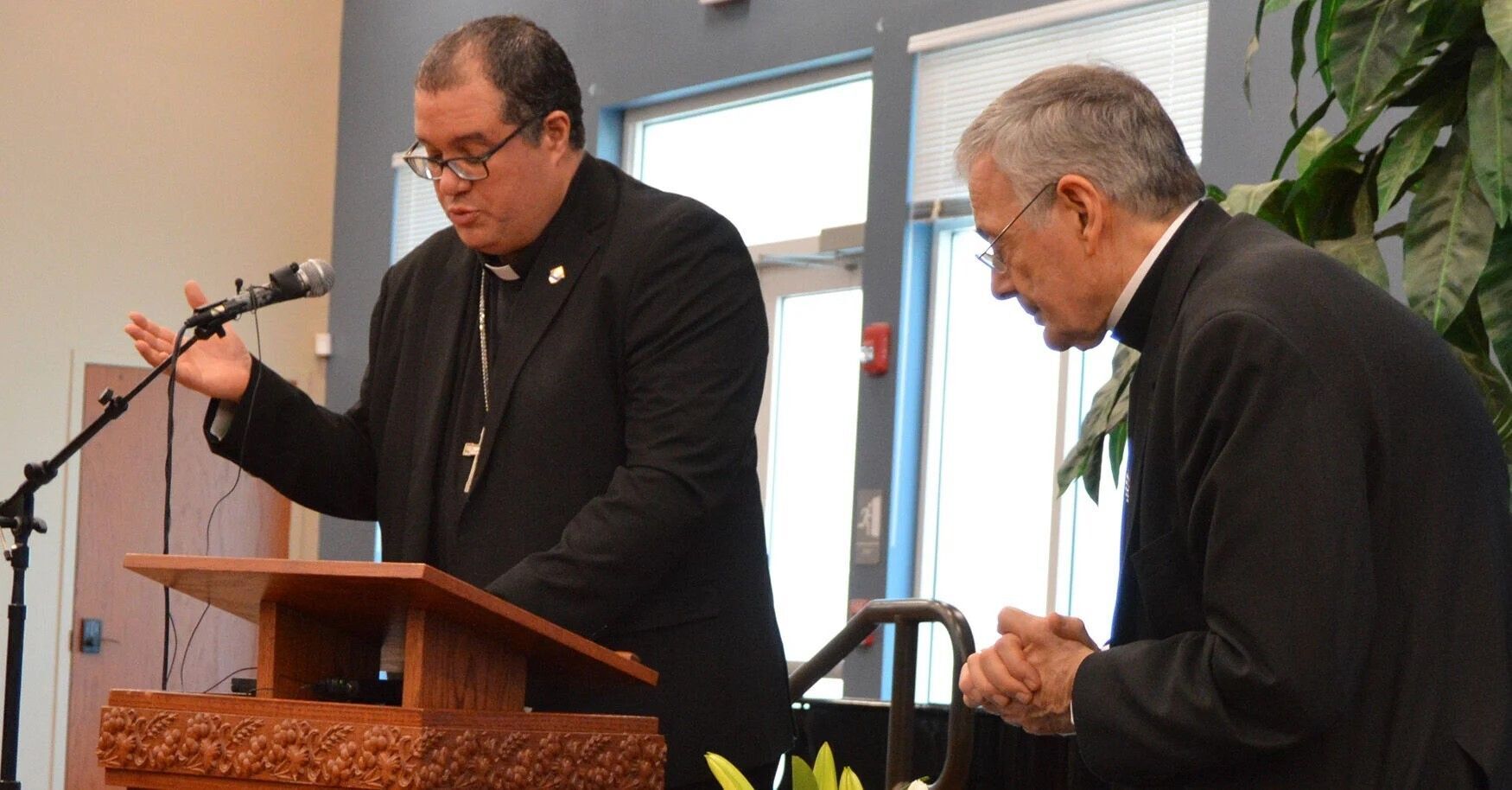 Bishop-elect Manuel de Jesus Rodríguez, right, a priest of the Brooklyn Diocese and a native of the Dominican Republic, joins Bishop Gerald M. Barbarito in celebrating Mass in the chapel of the Cathedral of St. Ignatius Loyola Dec. 19, 2025.