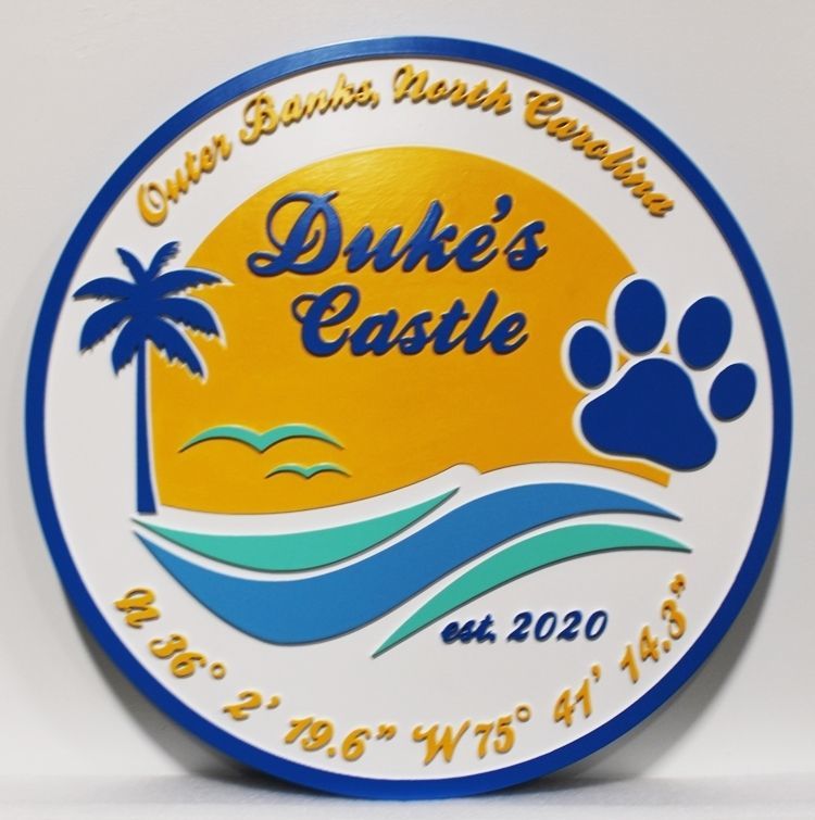 l21042 - Carved 2.5-D Multi-level  Beach House Name Sign "Duke's Castle", on the Outer Banks of North Carolina, with .a Palm Tree, a  Dog Print, and Ocean Surf.as Artwork,