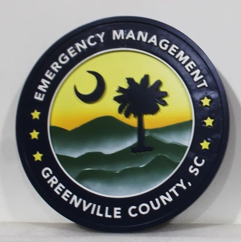 PP-3110 - Carved 2.5-D Multi-level Artist-Painted Wall Plaque of the Seal of the Emergency Management Unit, Greenville County, South Carolina