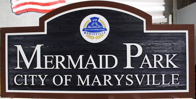 GA16510 - Large Carved Western Red Cedar Entrance Signfor Mermaid  Park, for the City of Marysville, Michigan