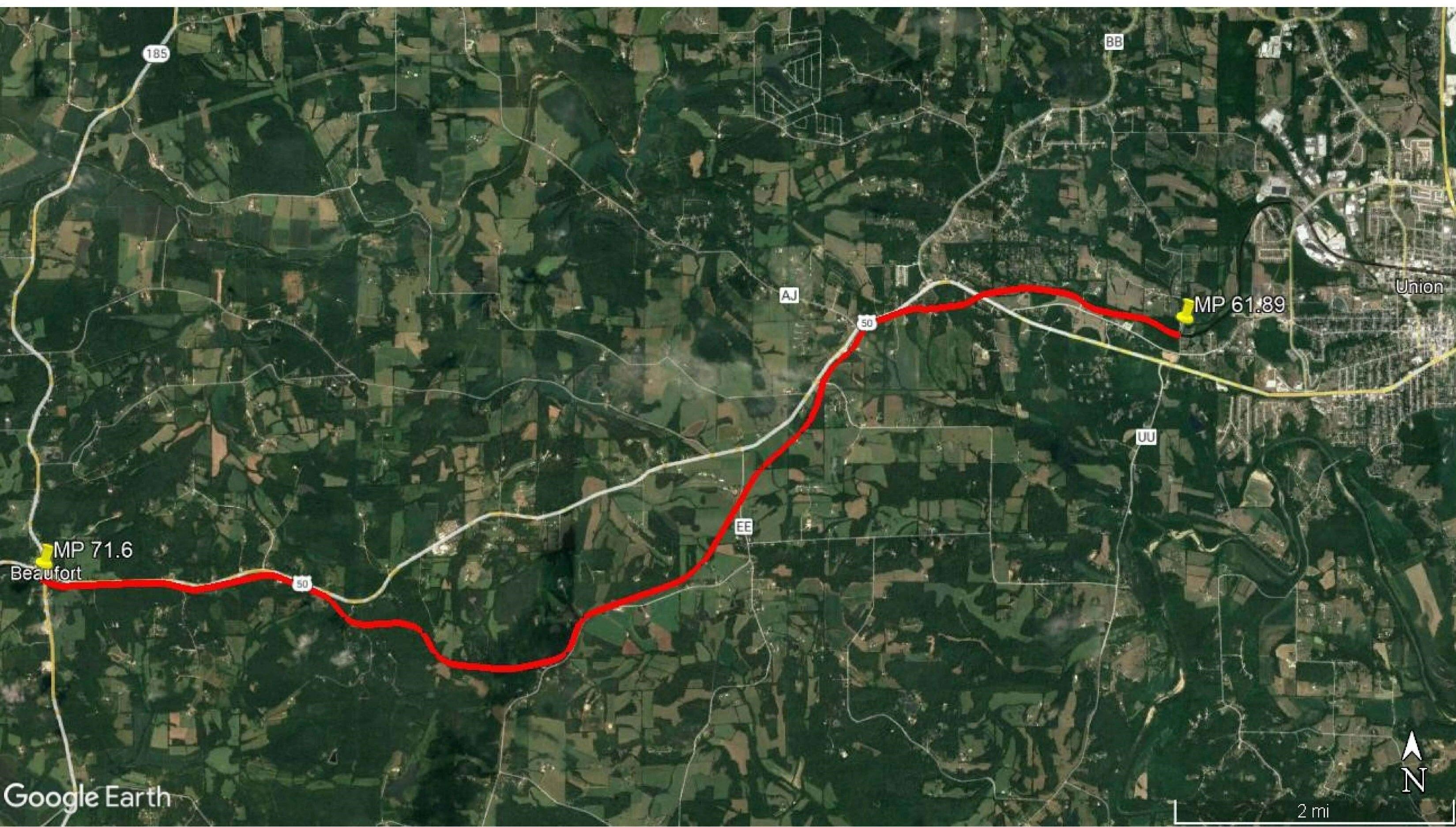 Map of abandonment from Beaufort to Union Missouri