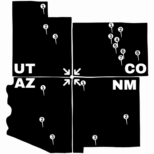 black and white map of 4 corners with pin drops indicating locations of inclusive higher education programs