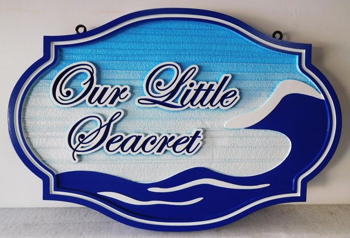 L21713 - Carved & Sandblasted HDU Sign for a Beach House, "Our Little Seacret", with Sylized Ocean Surf as Artwork .