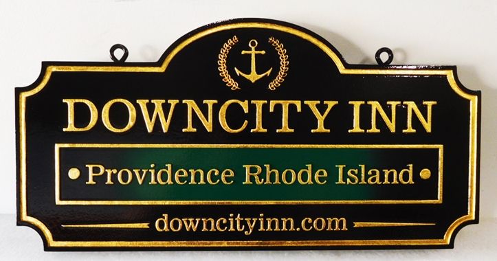 T29013 - Carved Sign for the "DownCity Inn", 2.5-D Raised Text, 24K Gold-Leaf Gilded 