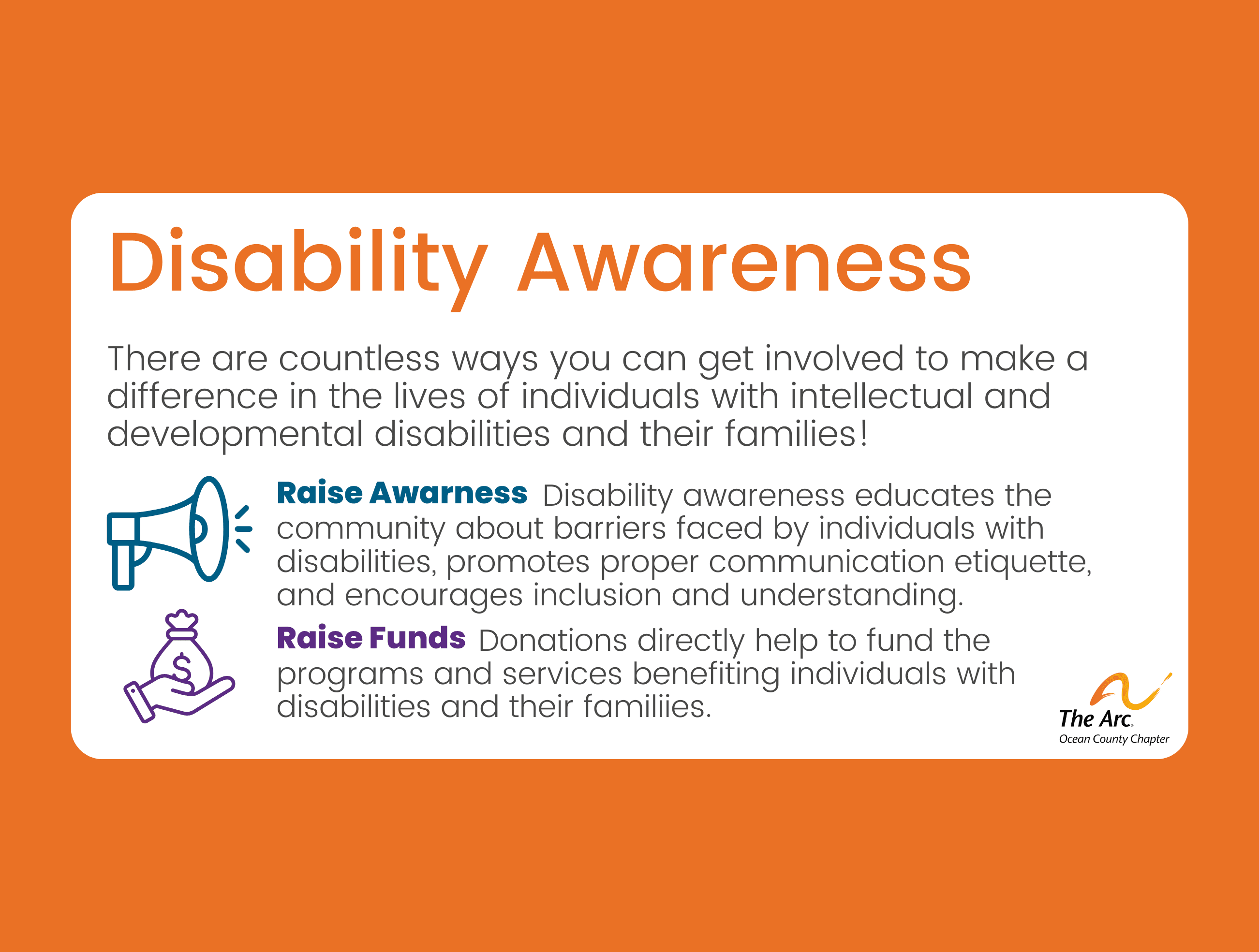 Swipe to learn how to raise funds and awareness to support people with disabilities 