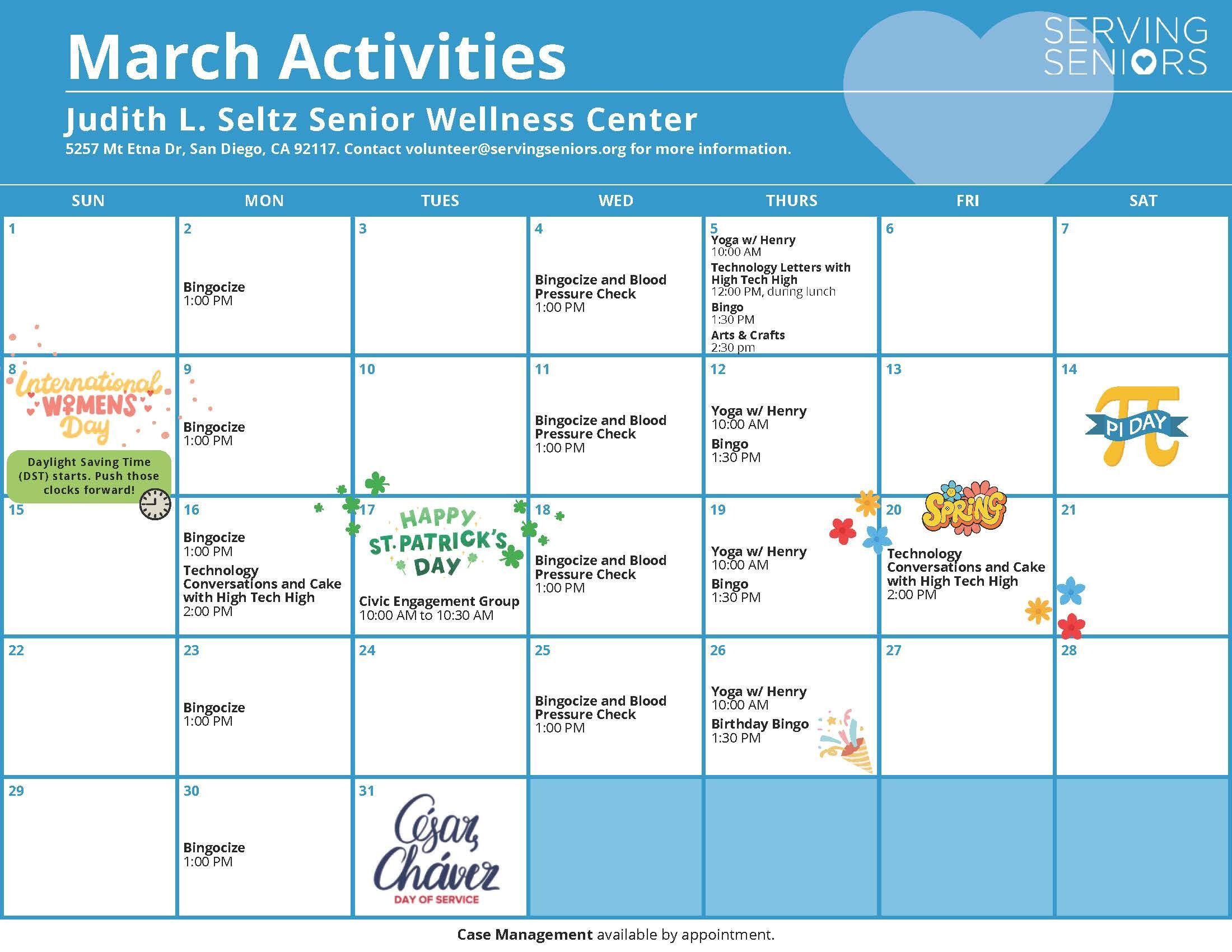 Click to download the Judith L. Seltz Wellness Center March 2026 Activities Calendar