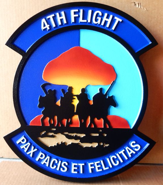 LP-2600 - Carved Round Plaque of the Crest of the 4th Flight, "Pax Pacis Et Felicitas",  Artist Painted Four Horsemen