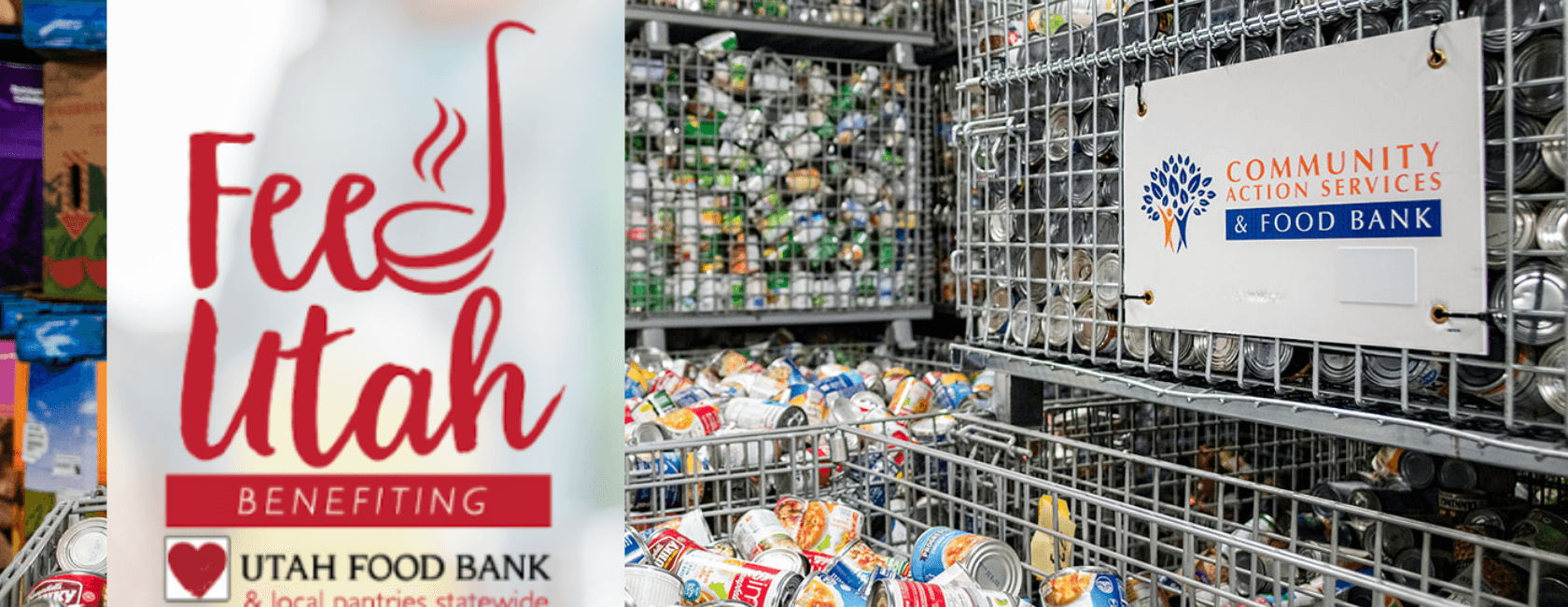Cans of food in cages with community action logo and feed utah food drive red logo
