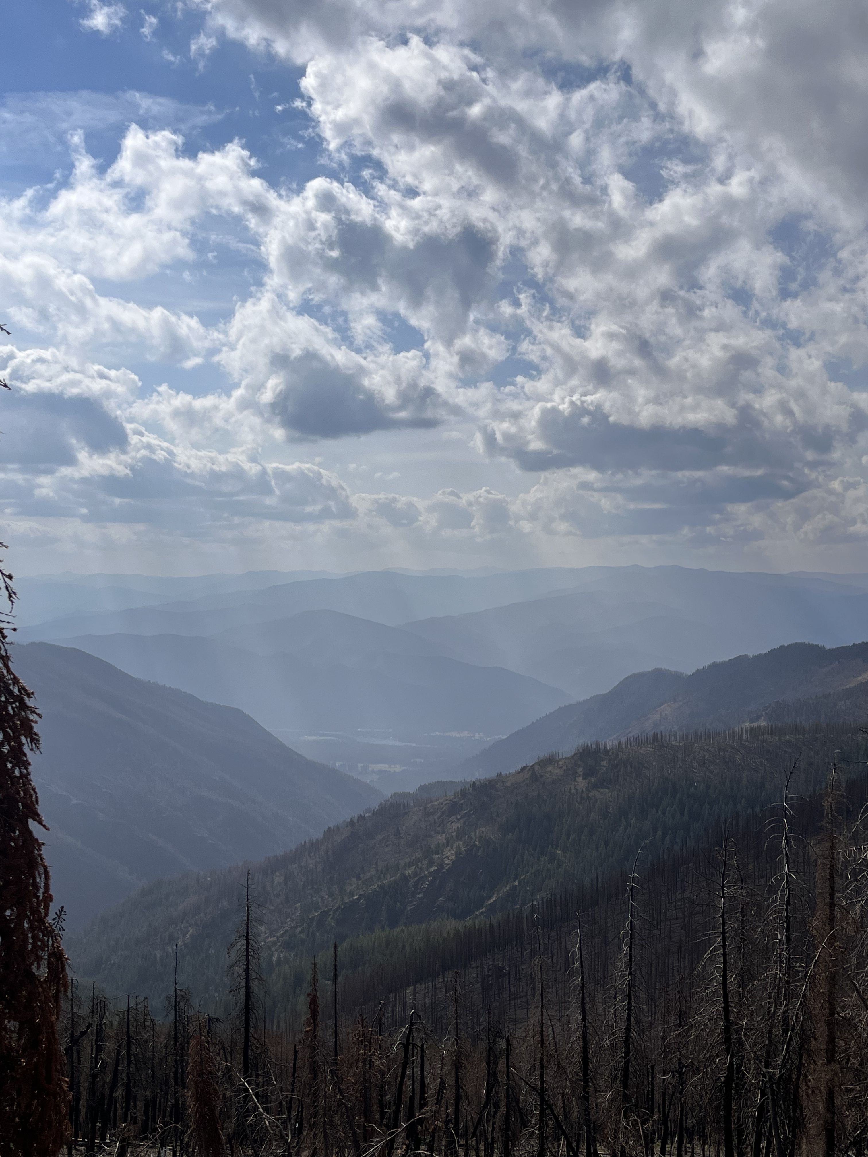 A view from above into a valley below. Everything is blue and hazy with wildfire smoke.