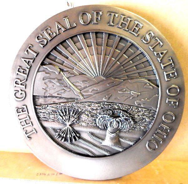 W32402 - Carved 3-D HDU Wall Plaque, Silver metal Coated,  of the Seal of the State of Ohio