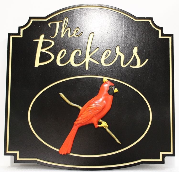 I18503A - Engraved Residence Name Sign "The Beckers", with Carved 3-D Cardinal Bird on a Branch
