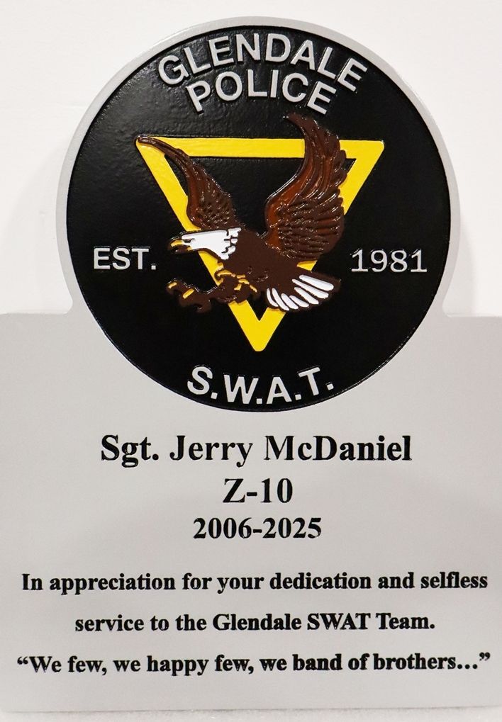 PP-3434A - Carved 2.5-D Multi-Level Plaque for a retiring Member the Glendale  Police S.W.A.T Team