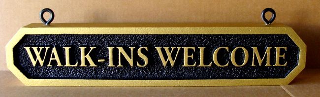 SA28487 - Hanging Sign with Gold Metallic Paint for a Shop , "Walk-ins Welcome". 