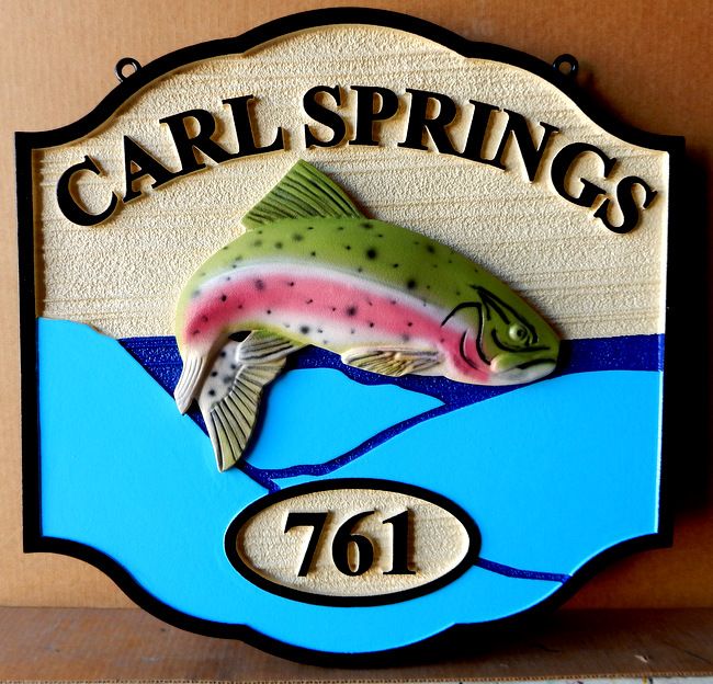 AG119 - Carved HDU Property Name and Address Sign for Lake House, with 3-D Rainbow Trout 