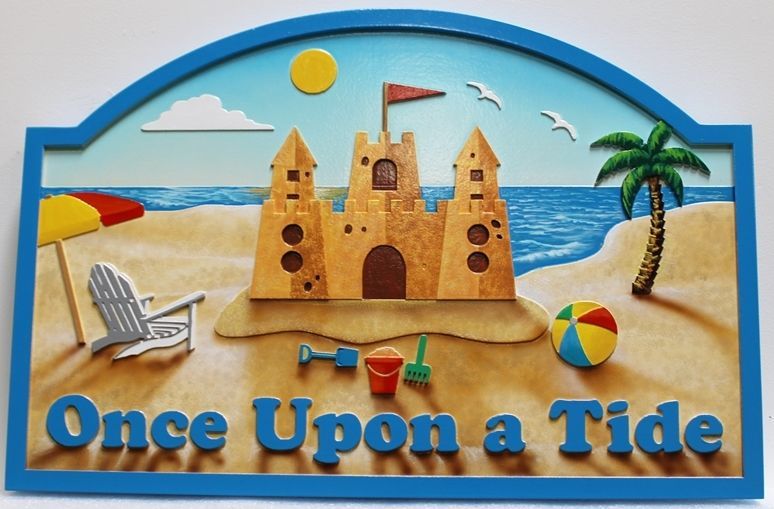 M21002 - Carved 2.5-D Raised Relief High-Density-Urethane (HDU) Beach House Sign, "Once Upon A Tide”, with Sand Castle and Empty Beach Chair 