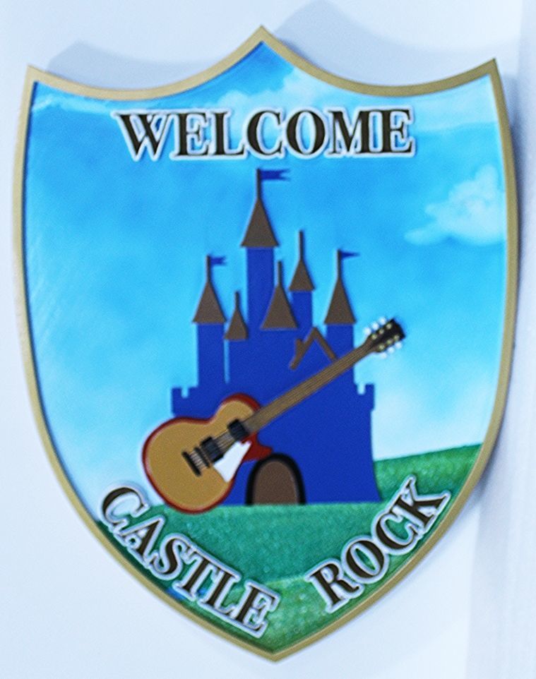 XP-3576 - Carved 2.5-D Raised Relief  Shield Plaque for "Castle Rock" with a Castle and Guitar as Artwork