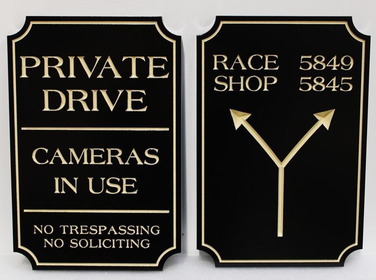 H17130 - Engraved High-Density-Urethane (HDU) Signs signs for "Private Drive"  and "Race Shop"  