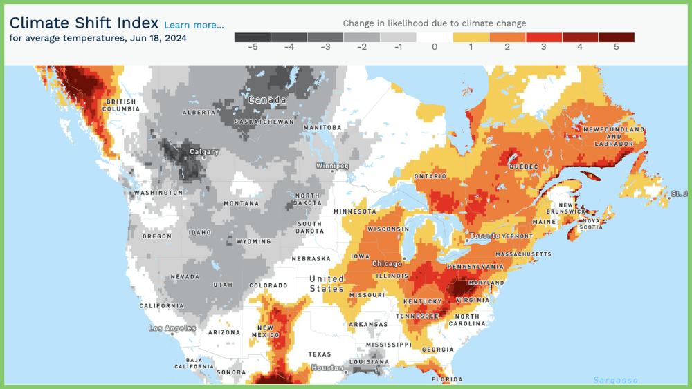 U.S. map showing where hotter temperatures have been made more likely by climate change on a given day