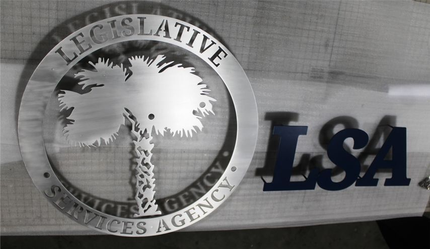 GP-1547 - Flat Cut Aluminum Pin-Mounted  Plate of the Seal and Text of the Legislative Services Agency, LSA