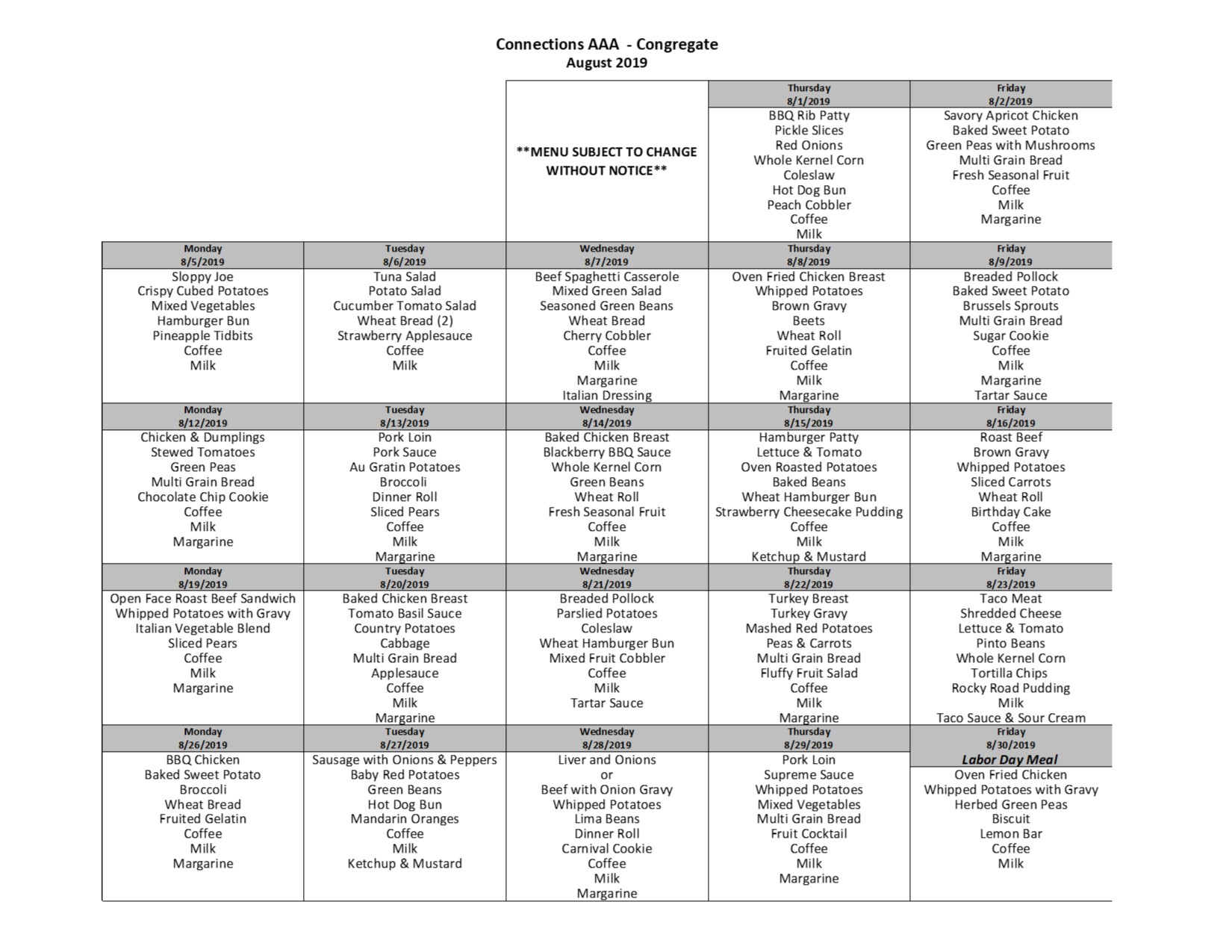 Connections Area Agency On Aging Healthy Living This Months Menu