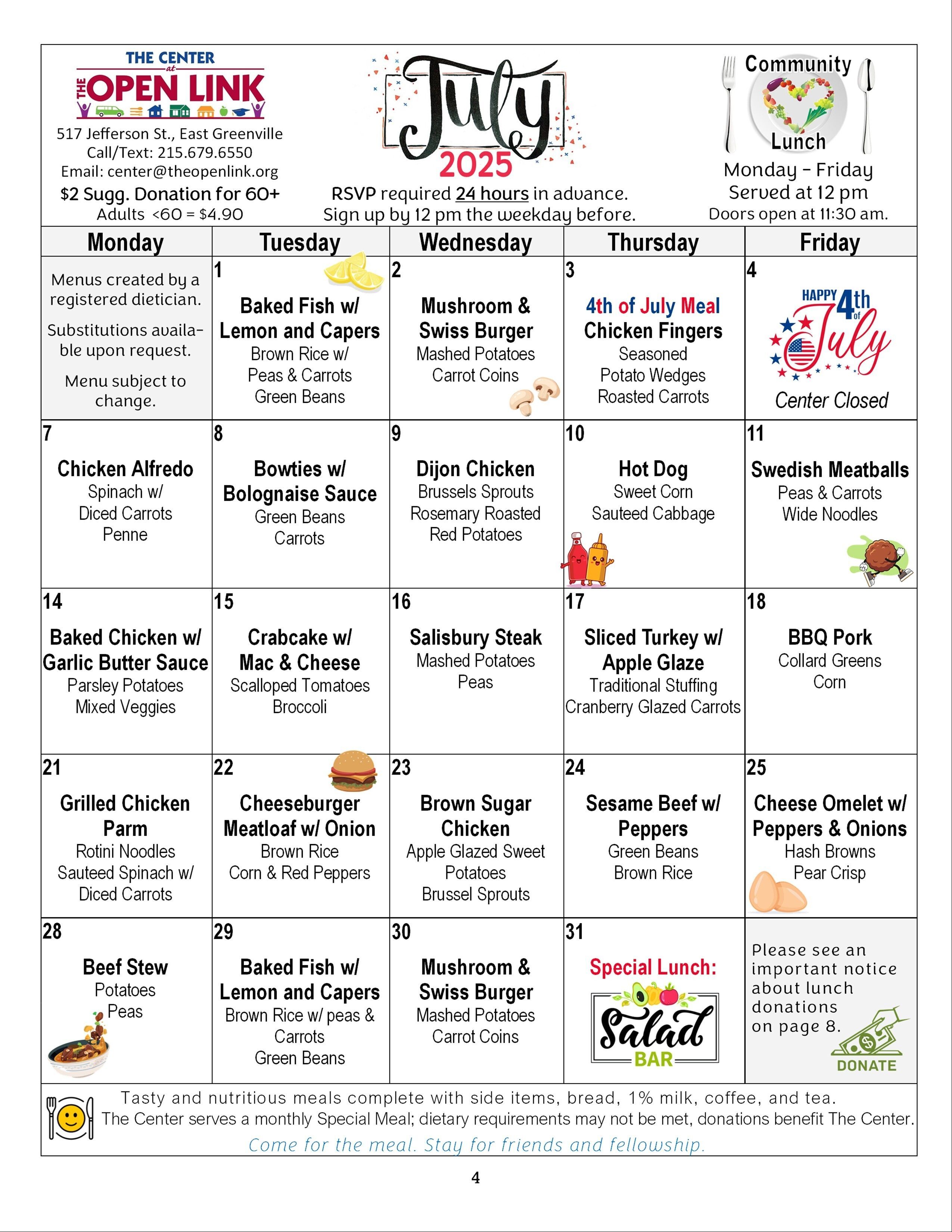 July 2025 Menu