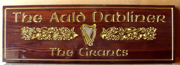 I18935 - Elegant Stained Cedar Irish Residence Name Sign with Celtic Symbols, Gilded with 24K Gold Leaf