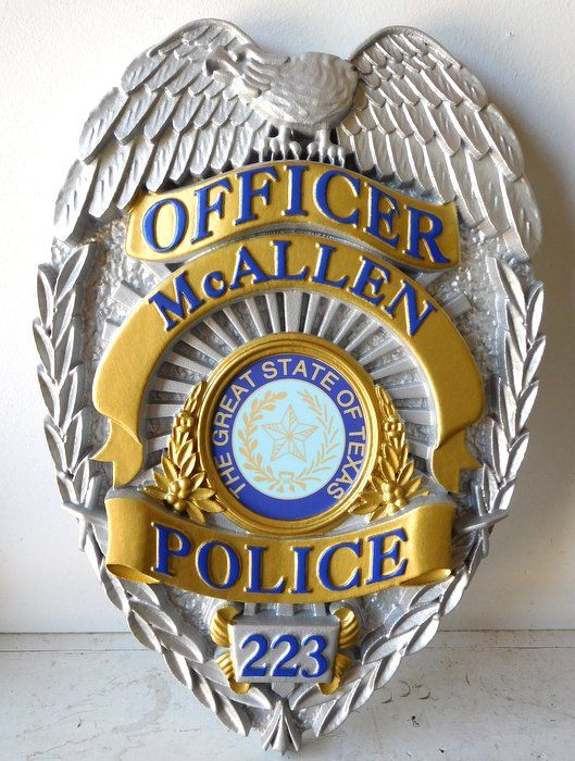 PP-1360 - Carved Wall Plaque of the Police  Badge of  the City of McAllen, Texas,  Artist Painted 