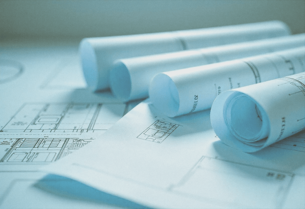Assorted blueprints and posters.