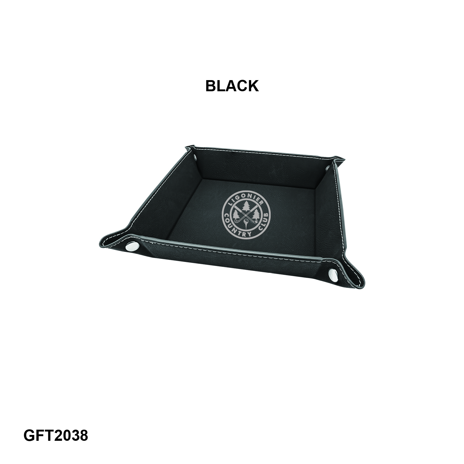 6" x 6" Black/Silver Laserable Leatherette Snap Up Tray with Silver Snaps