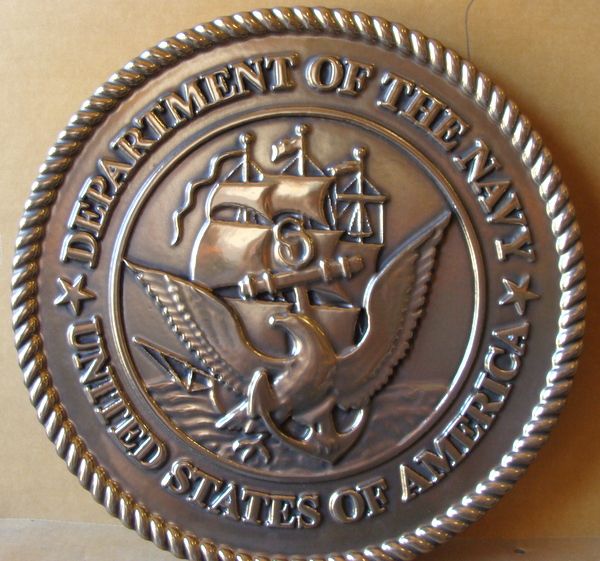 V31218 – Carved, Bronze Metal-Coated HDU plaque of the Seal of the US Navy, Custom Text Optional.