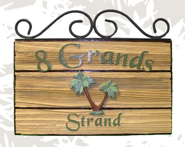 I18942 - Rustic Sandblasted Redwood Sign, with Raised Text and Palm Tree, and Scroll Ironwork Frame