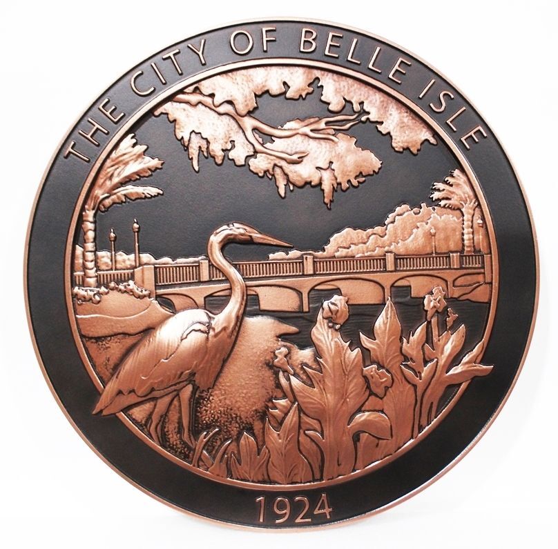 DP-1115 - Carved 3-D Bas-Relief Bronze-Plated HDU Plaque  of the  Seal of the City of Belle Isle, Florida